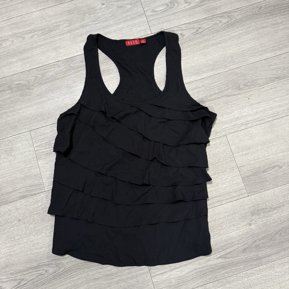 ELLE Womens Black Ruffle Tiered Sleeveless Tank Top Scoop Neck Racerback XL